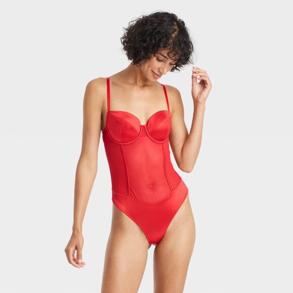 NEW Women's Satin and Mesh Lightly Lined Lingerie Bodysuit - Auden™ Red Large - Picture 1 of 10